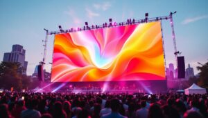 A photograph of a vibrant outdoor event featuring a large led jumbotron displaying dynamic visuals