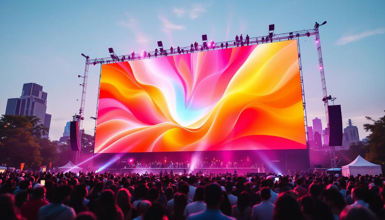 A photograph of a vibrant outdoor event featuring a large led jumbotron displaying dynamic visuals