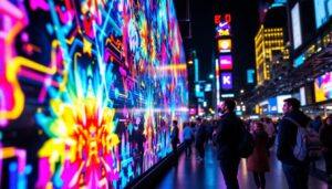 A photograph of a vibrant led display in a dynamic urban setting