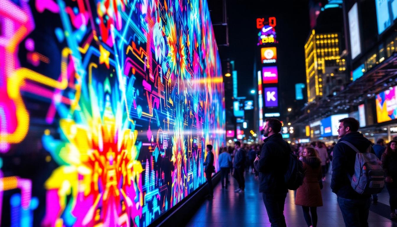 A photograph of a vibrant led display in a dynamic urban setting