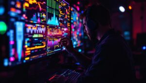A photograph of a technician meticulously calibrating a vibrant led display in a dimly lit environment