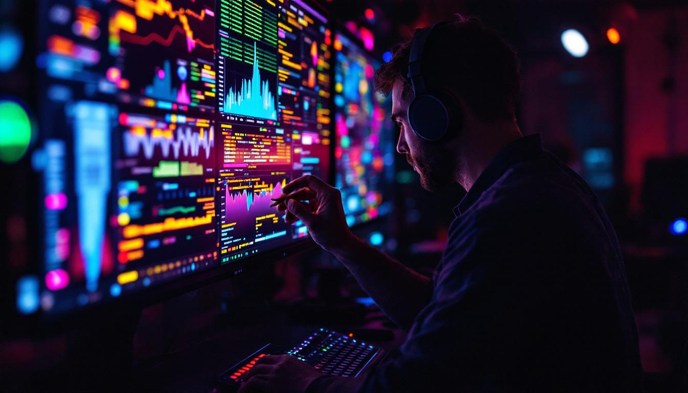 A photograph of a technician meticulously calibrating a vibrant led display in a dimly lit environment