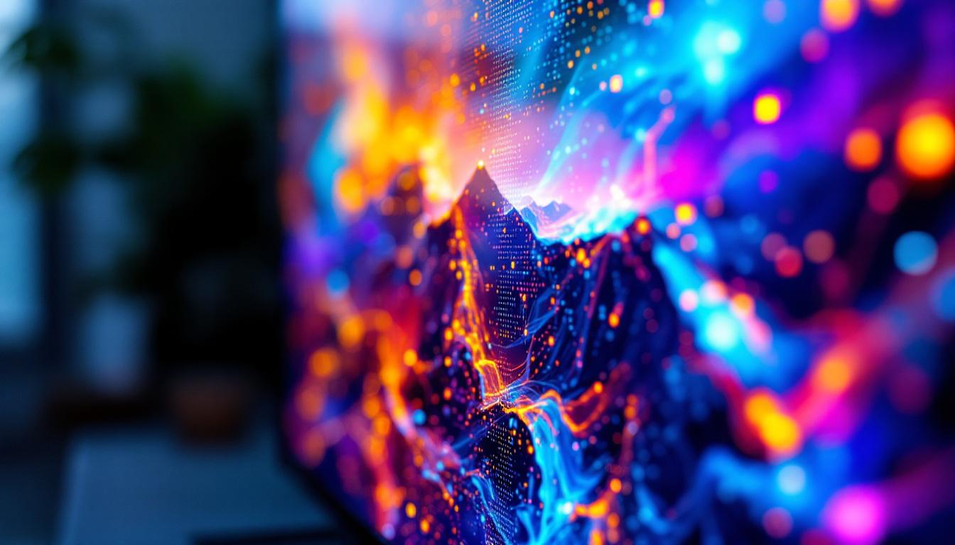 A photograph of a close-up view of an led tv screen displaying vibrant colors and intricate details