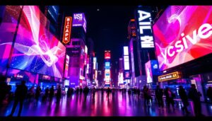 A photograph of a vibrant led display showcasing dynamic signage in an urban setting