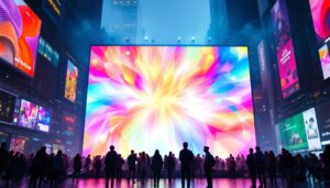A photograph of capture a photograph of a vibrant led display in an urban setting