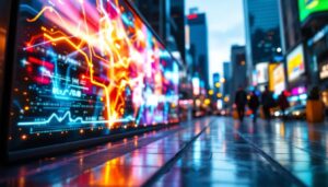 A photograph of a vibrant led display showcasing dynamic visuals in a bustling urban environment