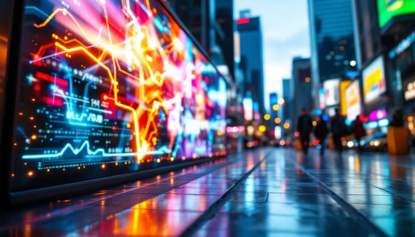 A photograph of a vibrant led display showcasing dynamic visuals in a bustling urban environment