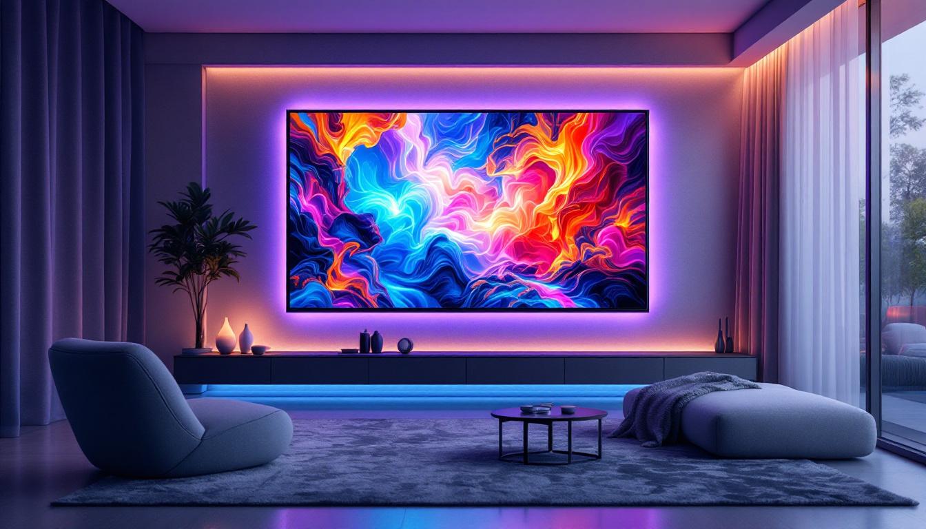 A photograph of a modern living room featuring a sleek led wall display