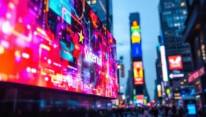 A photograph of a vibrant led display in a bustling urban setting