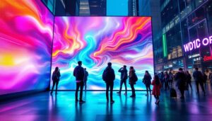 A photograph of capture a photograph of a vibrant led display in an urban setting