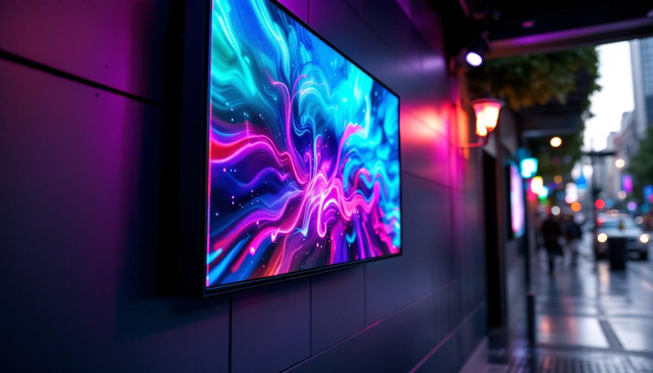 A photograph of a vibrant led display mounted on a wall