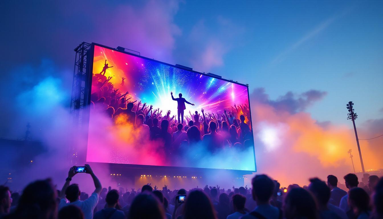 A photograph of a vibrant mobile jumbotron led display in action at an outdoor event