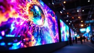 A photograph of a vibrant trade show scene featuring an eye-catching led display in action