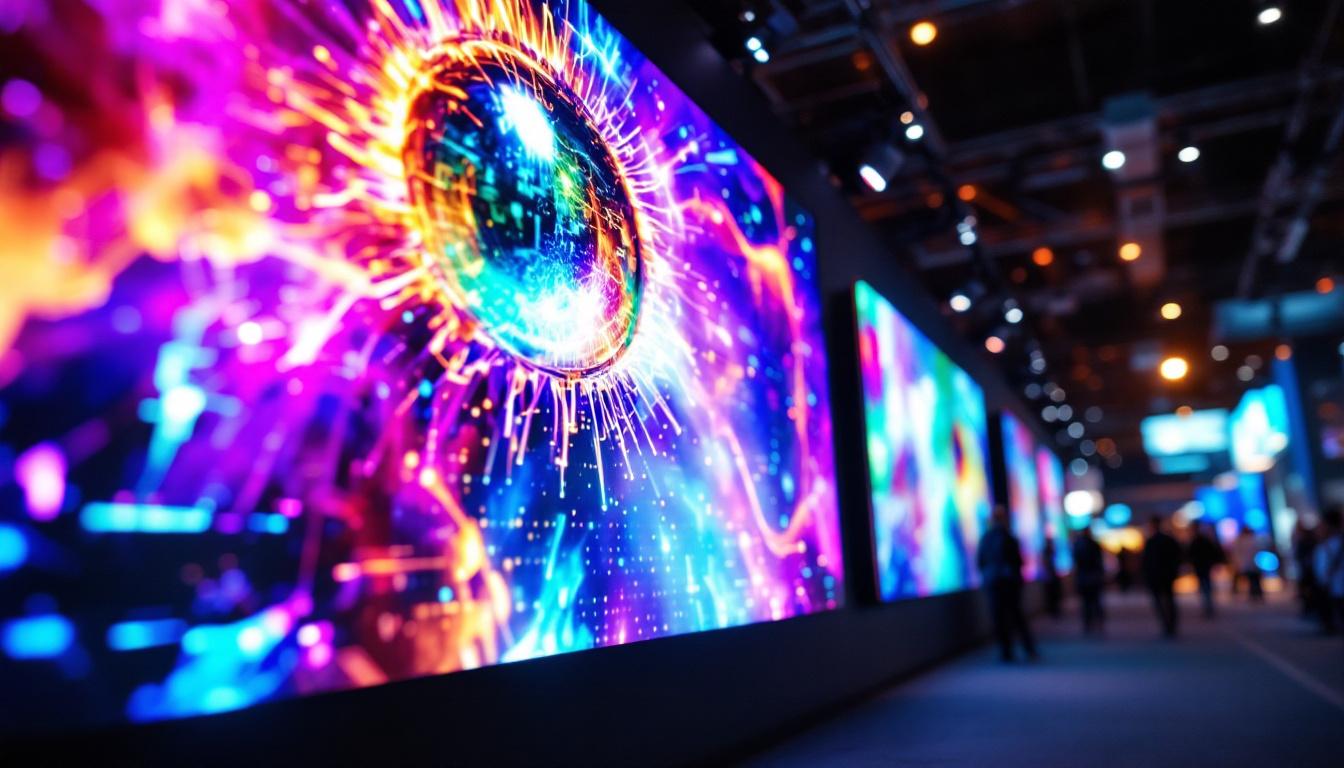 A photograph of a vibrant trade show scene featuring an eye-catching led display in action