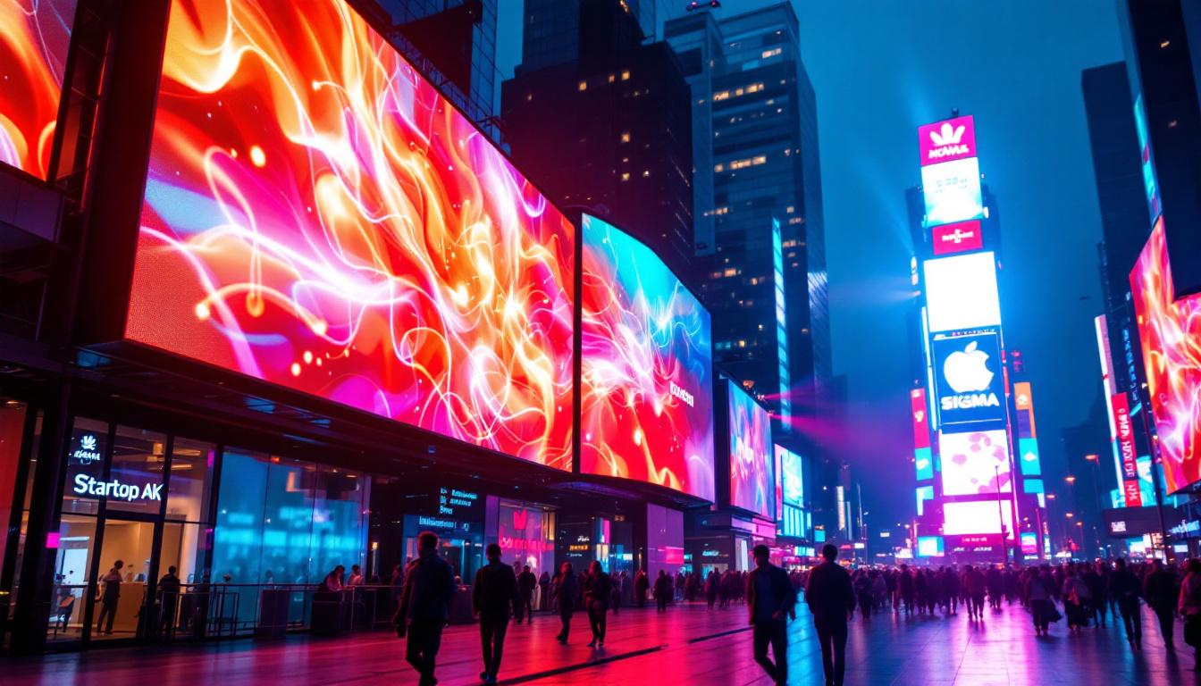 A photograph of a vibrant led display in a dynamic setting