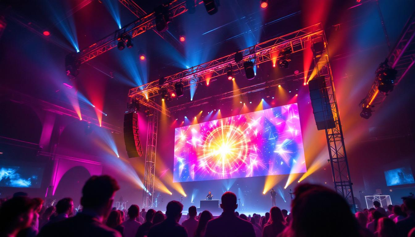 A photograph of a 16-foot truss system elegantly showcasing an led display in a vibrant event setting