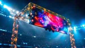 A photograph of a goal post truss structure featuring a vibrant led display