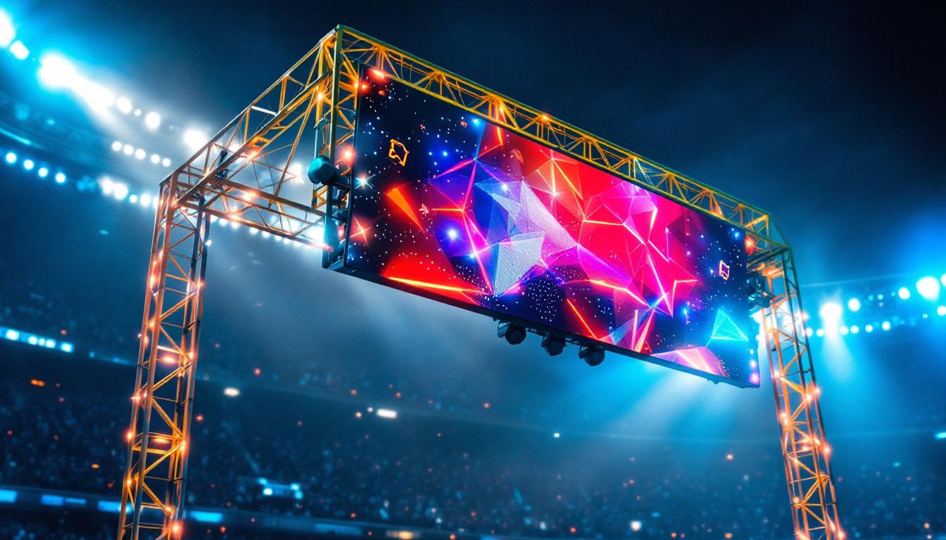 A photograph of a goal post truss structure featuring a vibrant led display
