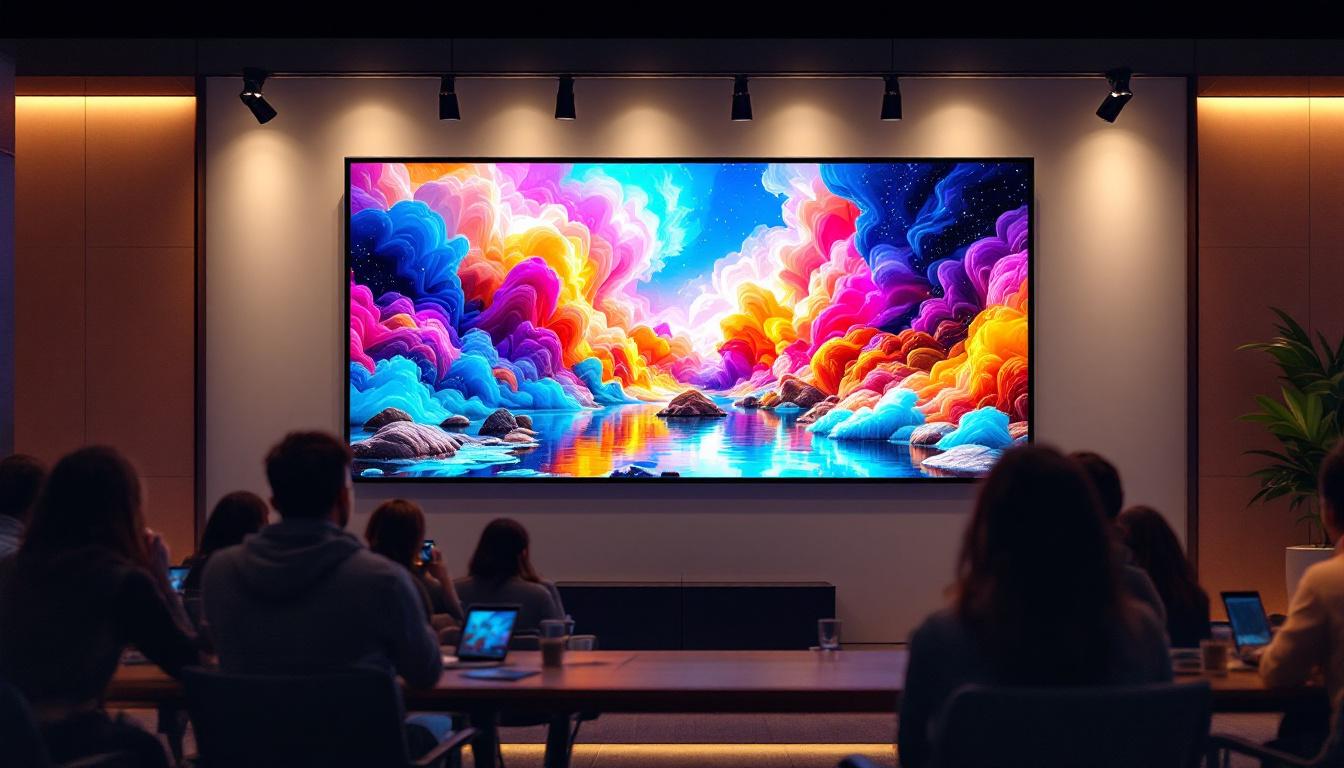 A photograph of a large led wall monitor displaying vibrant visuals in a modern setting