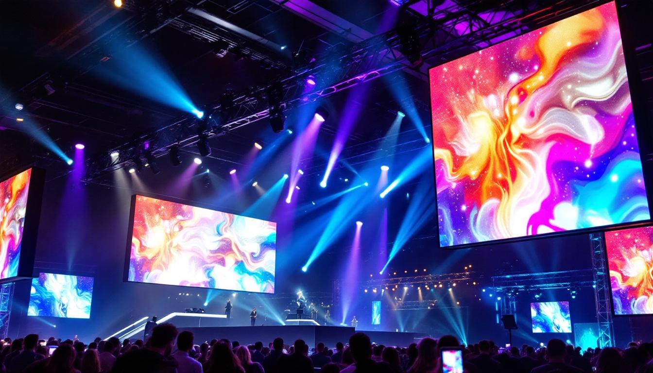 A photograph of a sleek black truss structure adorned with vibrant led displays in a dynamic event setting