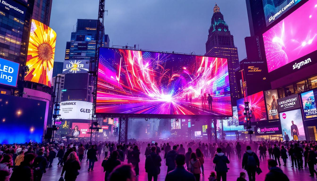 A photograph of capture a photograph of a vibrant led display screen in a dynamic setting