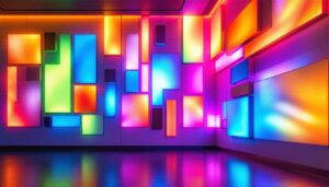 A photograph of a modern interior featuring wall panels illuminated by vibrant led lights
