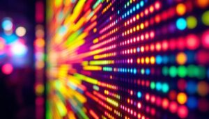 A photograph of a close-up shot of a vibrant led display in action