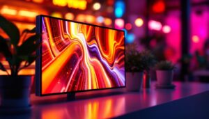 A photograph of a compact led display screen in a vibrant