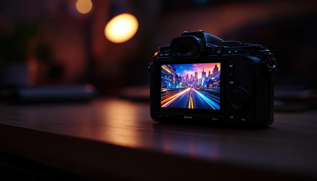 A photograph of a micro cinema camera prominently displaying its led screen in a low-light environment