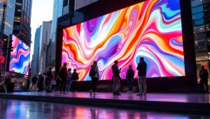 A photograph of a vibrant led display in a dynamic urban setting