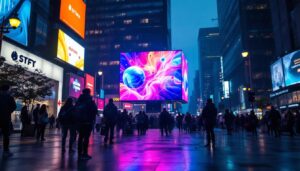 A photograph of a vibrant led display in a bustling urban environment