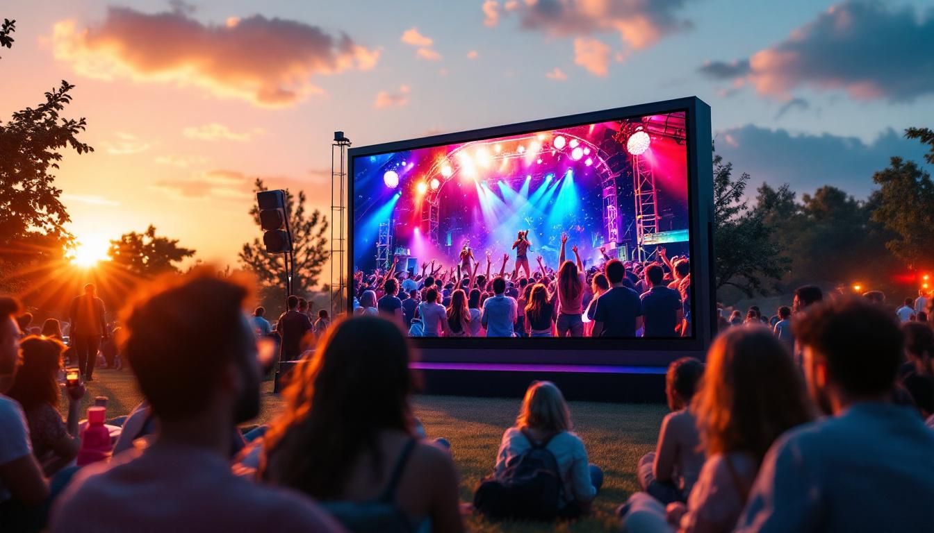 A photograph of a vibrant outdoor setting featuring a large led tv screen displaying a lively scene