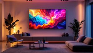 A photograph of a modern home interior featuring a sleek 4-screen jumbotron led display mounted on the wall