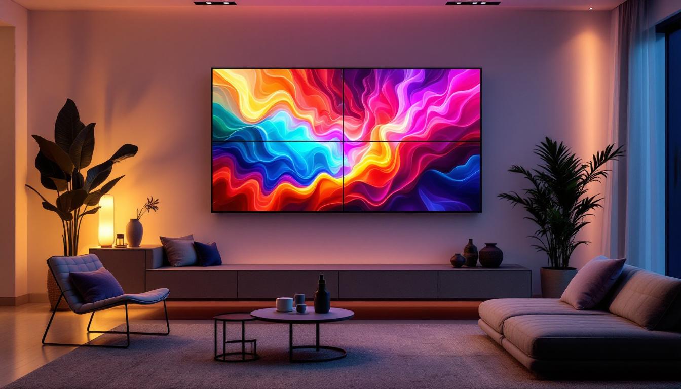 A photograph of a modern home interior featuring a sleek 4-screen jumbotron led display mounted on the wall