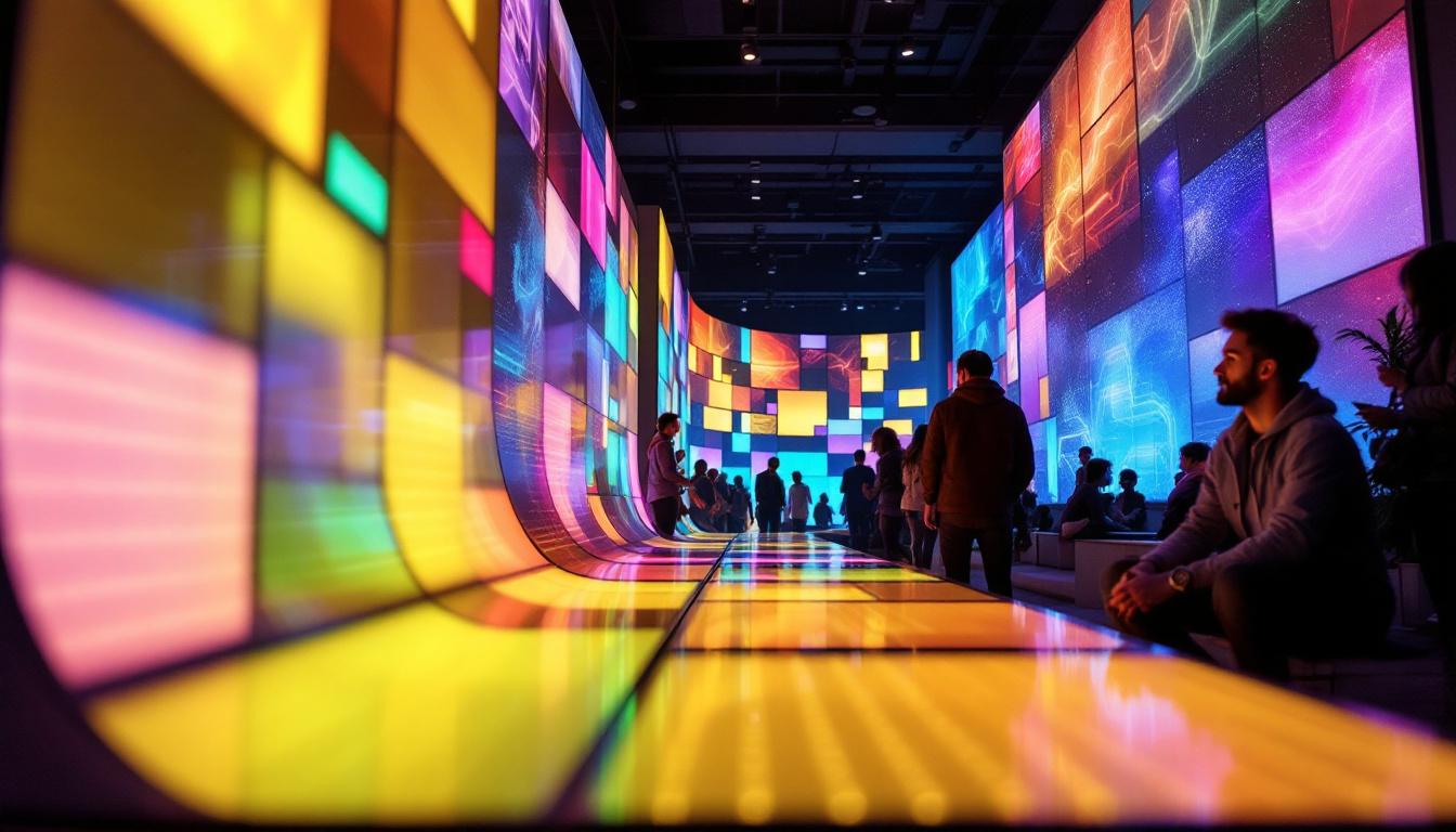 A photograph of a vibrant installation of flexible led tiles in a dynamic setting