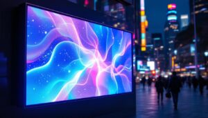 A photograph of a vibrant outdoor digital display board showcasing dynamic led graphics in a bustling urban environment