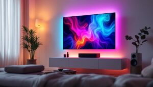 A photograph of a modern living room setup featuring a sleek tv with vibrant led lighting