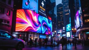 A photograph of capture a photograph of a vibrant led display in a dynamic urban setting