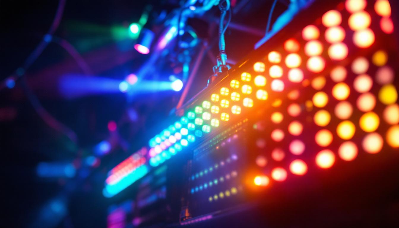 A photograph of capture a photograph of a vibrant led display rigged in a dynamic setting