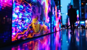 A photograph of a vibrant led display showcasing dynamic colors and graphics