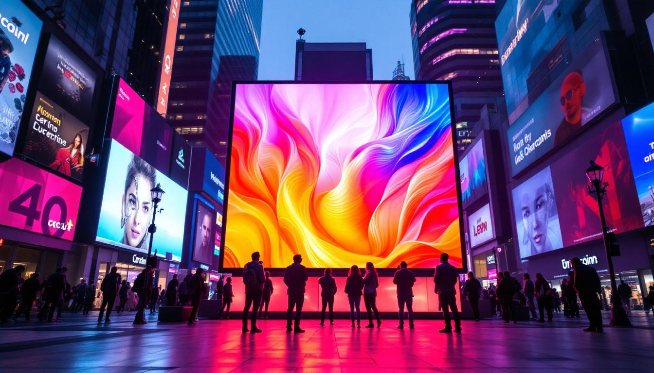 A photograph of capture a photograph of a vibrant led display in a bustling urban environment