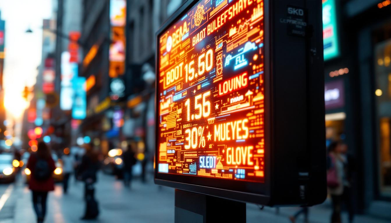 A photograph of capture a photograph of a vibrant outdoor electronic bulletin board displaying dynamic led graphics and messages