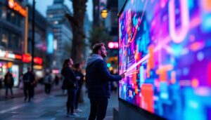 A photograph of a vibrant digital led poster in an urban setting