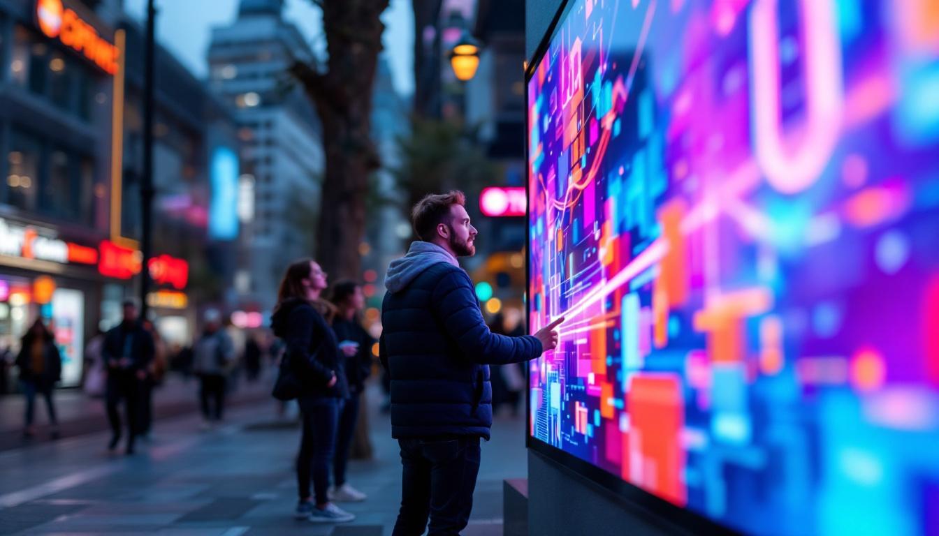 A photograph of a vibrant digital led poster in an urban setting