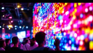 A photograph of a vibrant led display panel in use at a lively event