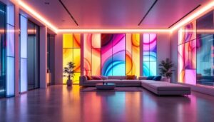 A photograph of a modern interior space featuring illuminated wall panels