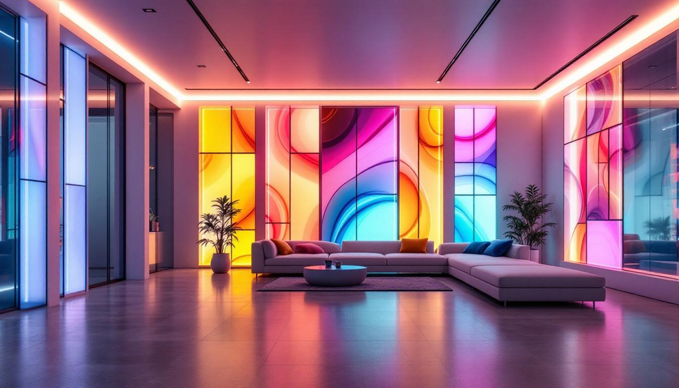 A photograph of a modern interior space featuring illuminated wall panels