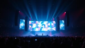 A photograph of capture a photograph of a vibrant concert scene featuring a large led display showcasing dynamic visuals