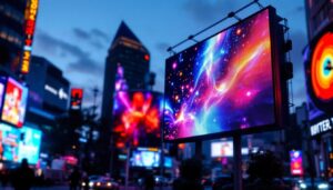 A photograph of a vibrant led display in an urban setting at dusk