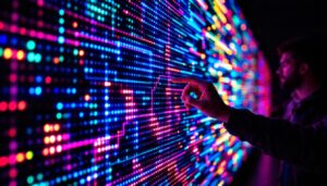 A photograph of a close-up of a vibrant led display in action
